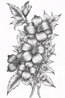 morning glory iris cherry blossom marigold flowers simple bouquet fine line  tattoo design idea