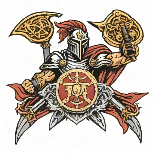 spartan holding sheild in battlefeild with brothers  tattoo design idea