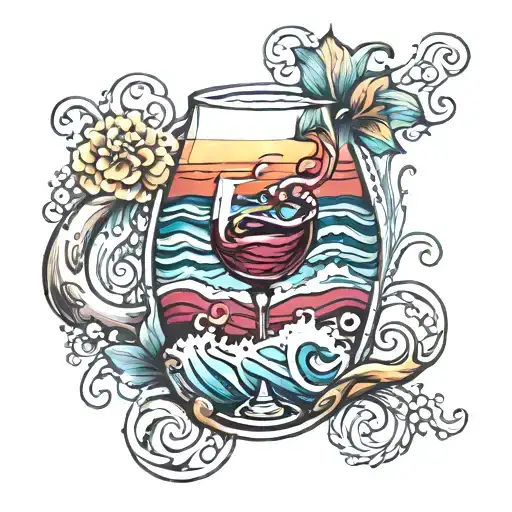 wine glass and ocean waves tattoo design idea