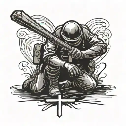 A soldier in full gear kneeling in prayer next to a baseball bat and a fishing rod, with a glowing cross in the background tattoo design idea