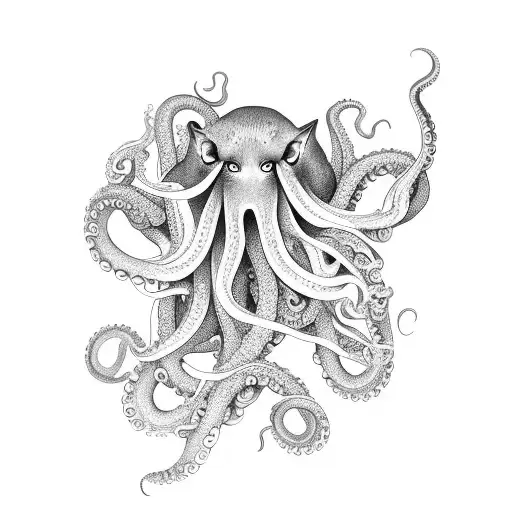 the body of the oriental cat, instead of legs, the tentacles of the octopus looks up, stands sideways tattoo design idea