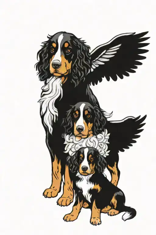 twin girl angel wings, 2x boys, Bernese mountain dog, black standard poodle  tattoo design idea