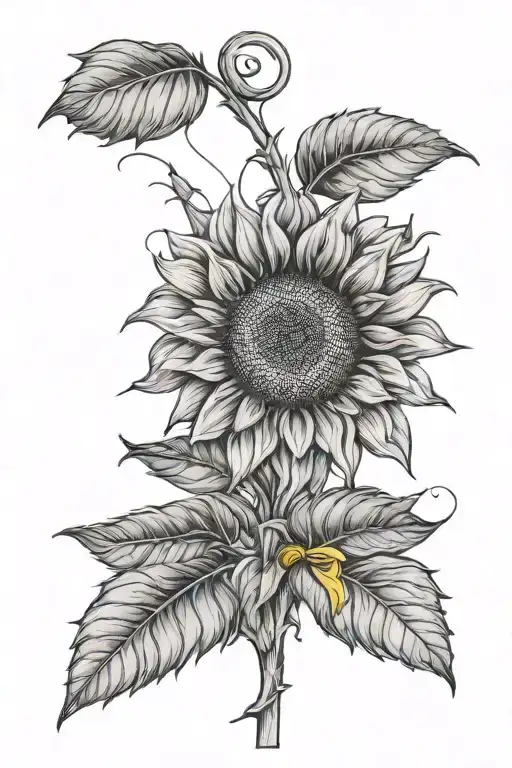 Sunflower with the stem that says always tired in cursive with a yellow cancer ribbon  tattoo design idea