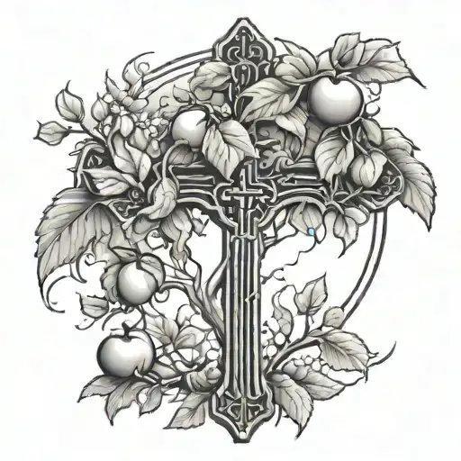 Cross with apple tree branches tattoo design idea
