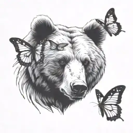 bear face with a butterfly on the bears nose tattoo design idea