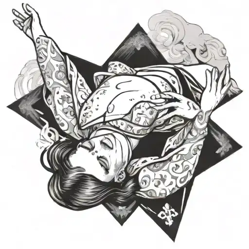 nun laying down with chest propped up, wearing a bikini, smoking a cigarette with smoke in air, and upside down cross tattoo design idea