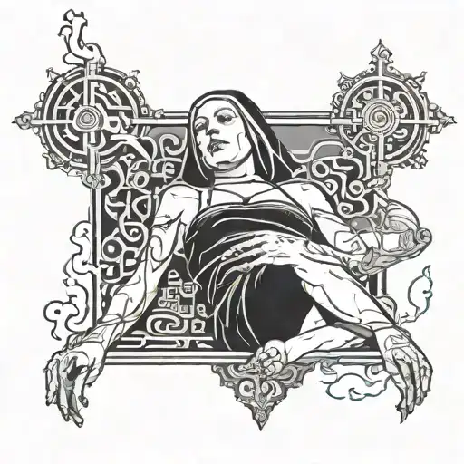 nun laying down with chest propped ahead, wearing a bikini, smoking a cigarette with smoke in air, and upside down cross tattoo design idea