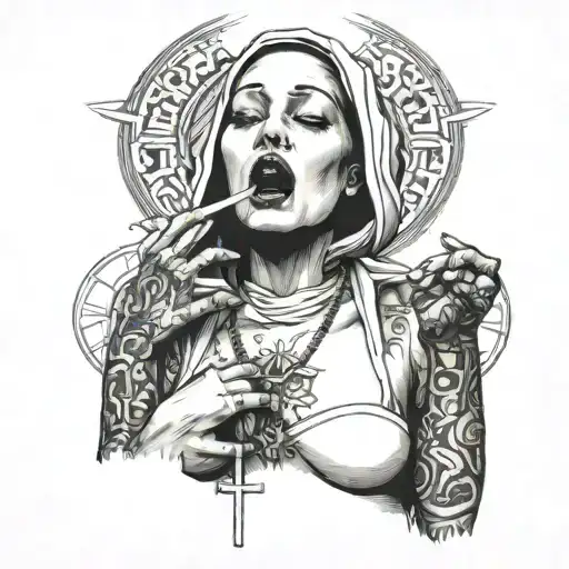 body shot of a nun smoking a cigarette with smoke drifting out of mouth, wearing a bikini, with an upside down cross tat tattoo design idea