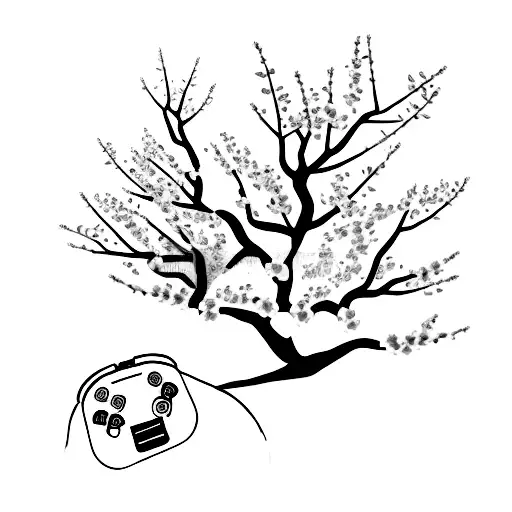 A minimalist tattoo of a gaming controller surrounded by cherry blossom branches tattoo design idea