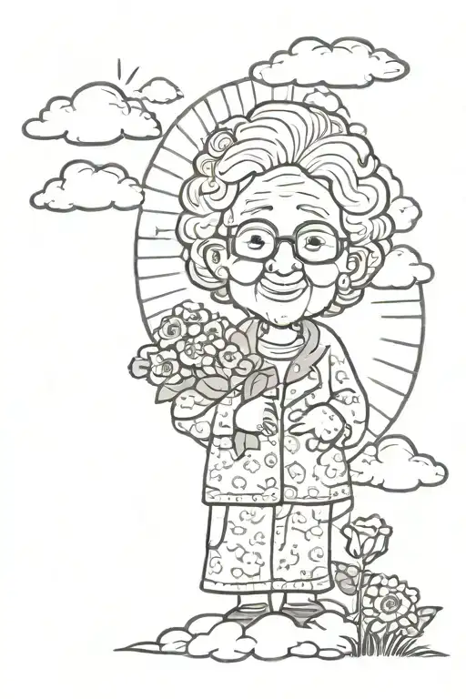 Rip grandma with sun and clouds surrounding tattoo design idea