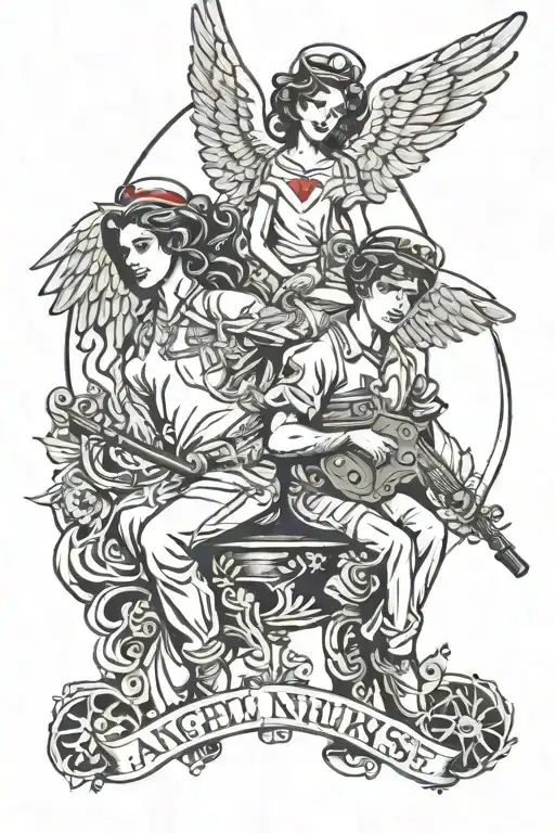 Angel and nurse tattoo for men posing like a metalcore singer tattoo design idea