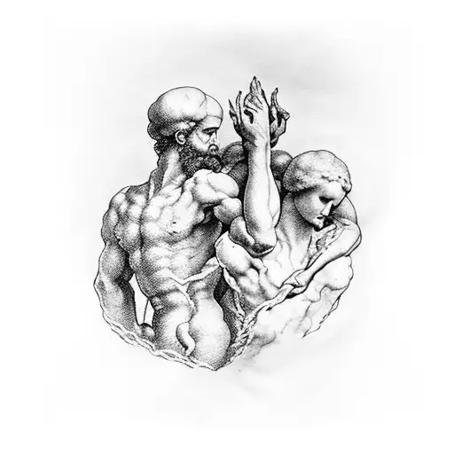 A dotwork tattoo of Michelangelo's famous painting 'The Creation of Adam' with a modern twist tattoo design idea