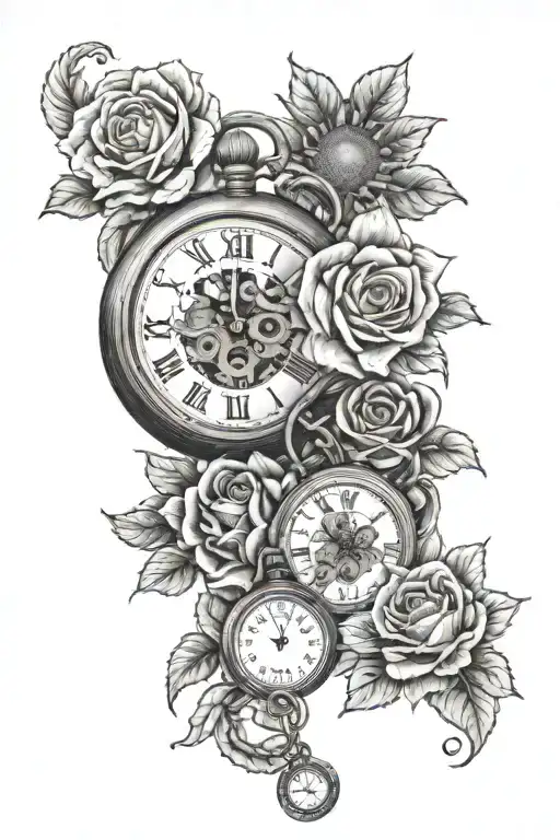 Old pocket watch fading into Roses and sunflowers, Elephant head peaking through roses and sunflowers tattoo design idea