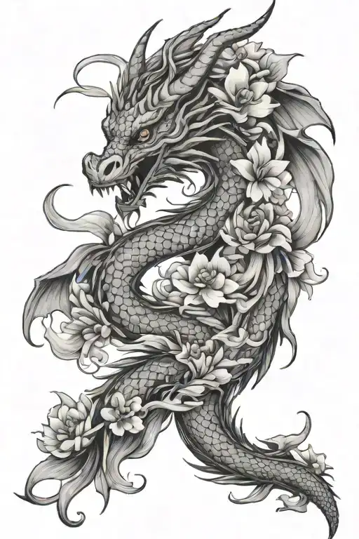 feminine dragon with clouds and flowers tattoo design idea