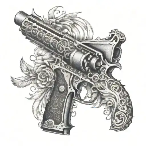 An intricate gun design intertwined with angelic feathers and flames, representing the balance between good and evil tattoo design idea