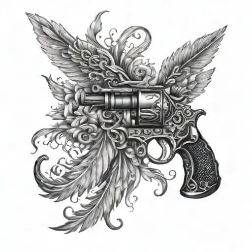 An intricate gun design intertwined with angelic feathers and flames, representing the balance between good and evil tattoo design idea