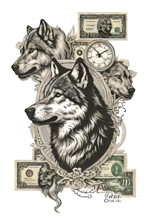 wolf, the infinity logo, euro banknotes, time tattoo design idea