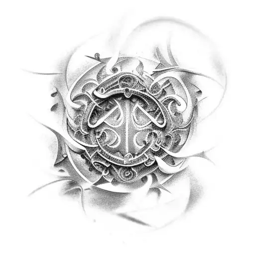 An intricate black-grey tattoo of capoeira instruments morphing into biological structures tattoo design idea