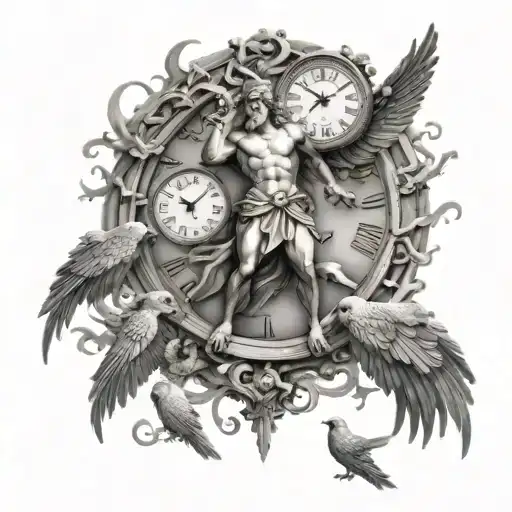  Greek Mythology Kronos God of time, clock, good vs evil wings, 8k, high resolution tattoo design idea