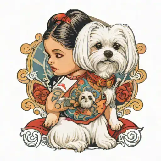 maltese dog with little girl holding tattoo design idea