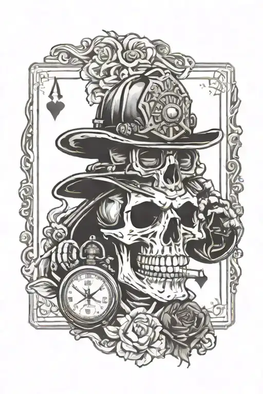 firefighter skull, playing cards, pocket watch with the time 3:43 tattoo design idea