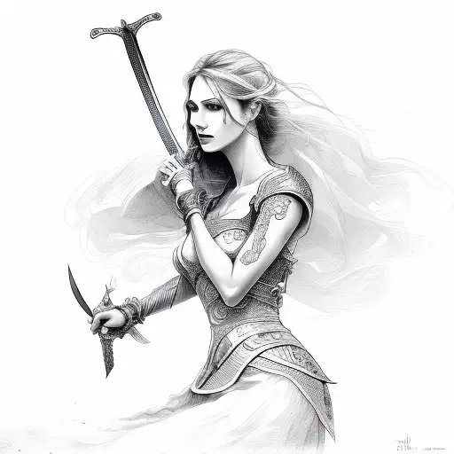 beautiful woman holding a sword, with the words never give up never back down and never surrender tattoo design idea