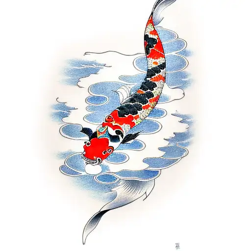 three koi fish, Japanese clouds, flowers tattoo design idea
