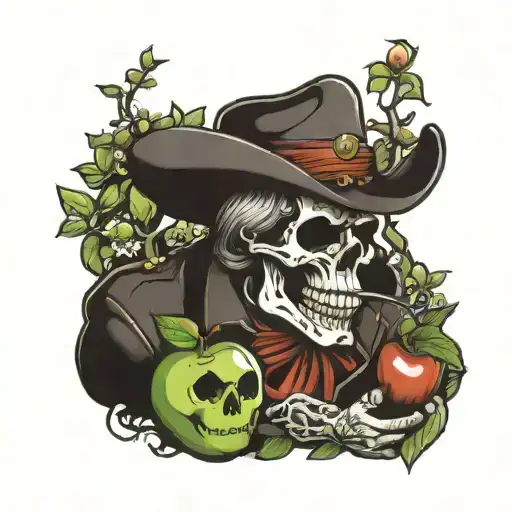 skull cowboy eating an apple tree tattoo design idea