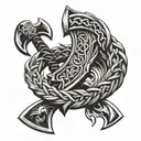 Circular Celtic braid with axe and sword integrated into the braid. tattoo design idea