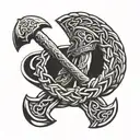 Circular Celtic braid with axe and sword integrated into the braid. tattoo design idea