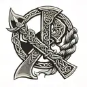 Circular Celtic braid with axe and sword integrated into the braid. tattoo design idea
