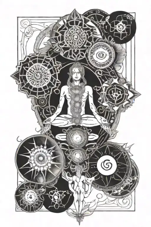 A stylized depiction of the chakras with angelic figures representing each energy center, done in blackwork tattoo design idea