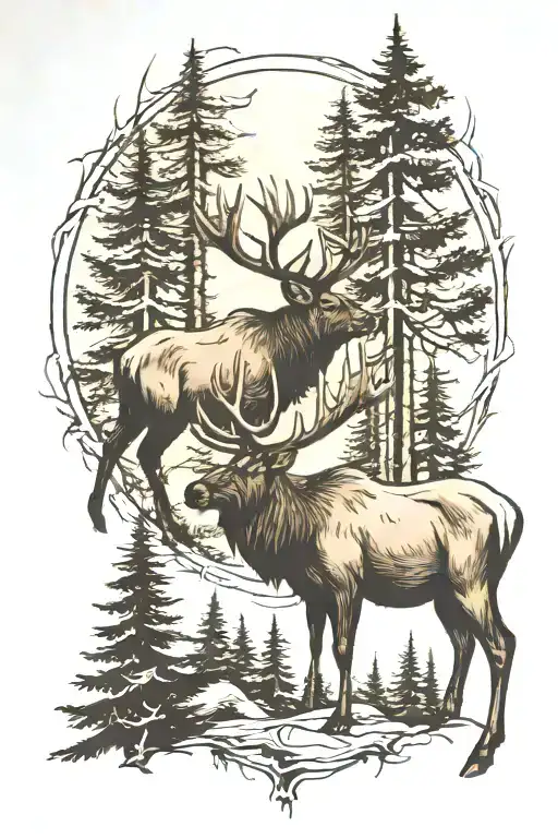 Elk with Pine trees and bear prints slowly fading tattoo design idea