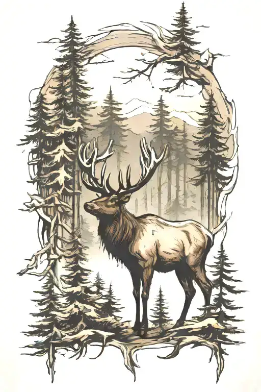 Elk with Pine trees and bear prints slowly fading tattoo design idea
