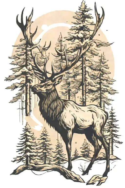 Elk with Pine trees and bear prints slowly fading tattoo design idea