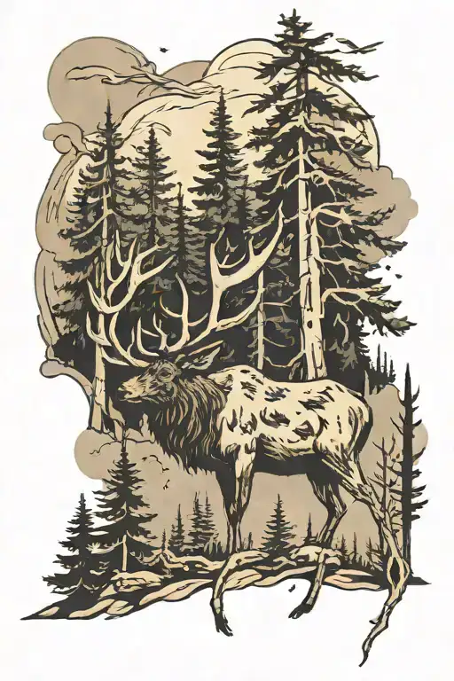 Elk with Pine trees and bear prints slowly fading tattoo design idea