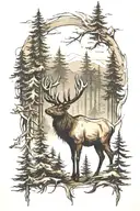 Elk with Pine trees and bear prints slowly fading tattoo design idea