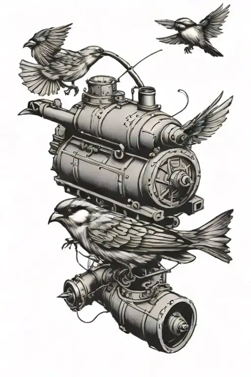 a tank with sparrows on the barrel tattoo design idea
