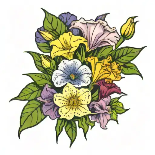 carnation, violet, morning glory, cosmos, narcissus  tattoo design idea