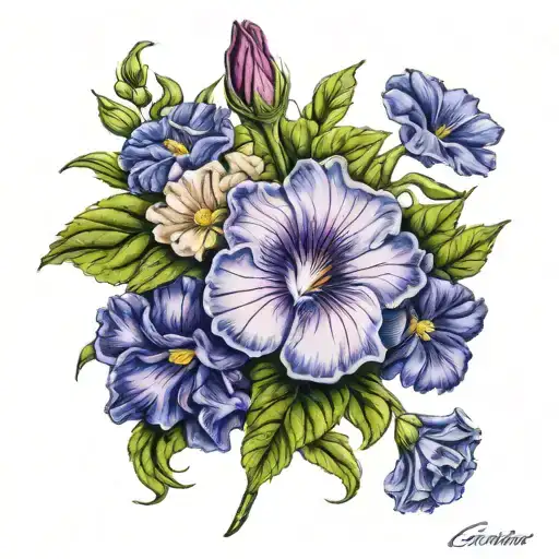 carnation, violet, morning glory, cosmos, narcissus  tattoo design idea