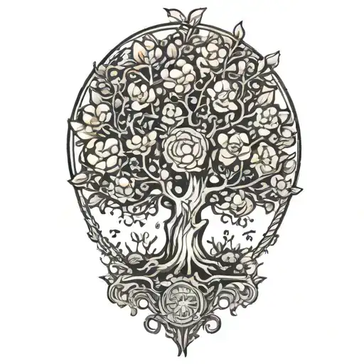 family tree with flowers blooming tattoo design idea