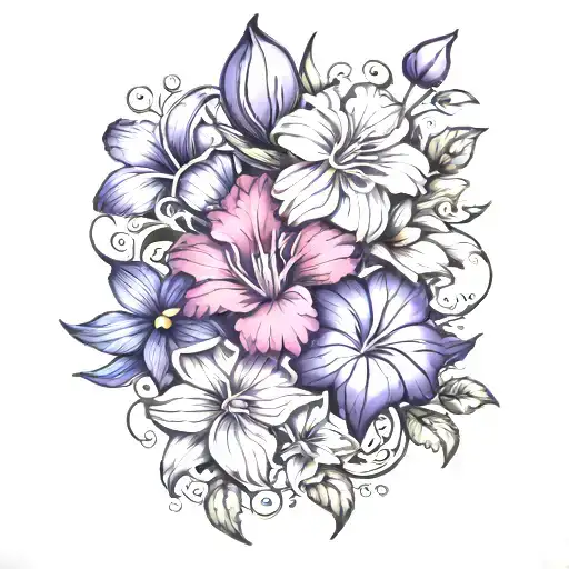 carnation, violet, morning glory, cosmos, narcissus  tattoo design idea