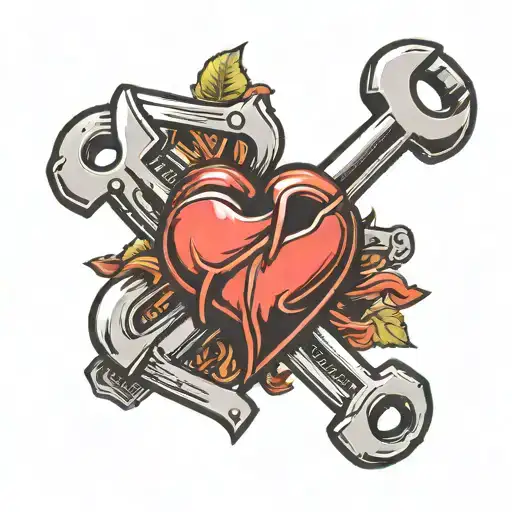 A tattoo of a wrench and a heart intertwined, symbolizing the client's dedication to both their family and their job as a mechanic tattoo design idea