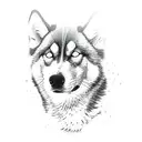  half face husky dog silhouette, writte in the back of the silhouette all we need is love. tattoo design idea