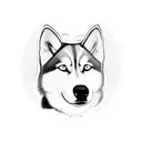  half face husky dog silhouette, writte in the back of the silhouette all we need is love. tattoo design idea