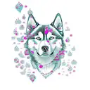  half face husky dog silhouette, writte in the back of the silhouette all we need is love. tattoo design idea