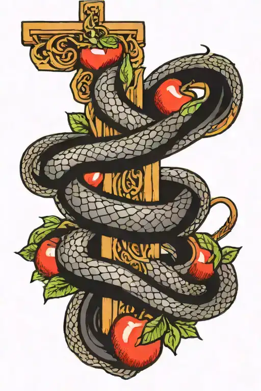 snake around a cross with an apple in his mouth open tattoo design idea