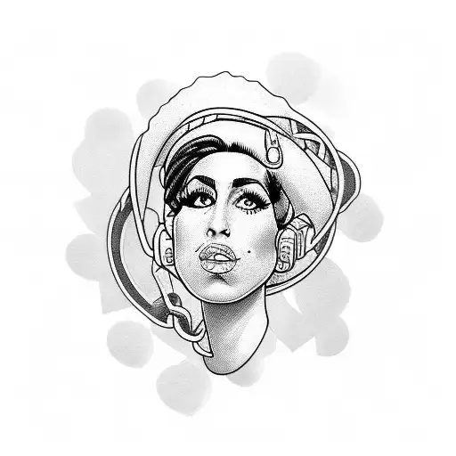 Amy Winehouse portrait with musical notes intertwined tattoo design idea