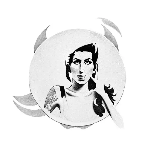 A silhouette of Amy Winehouse holding a vinyl record tattoo design idea