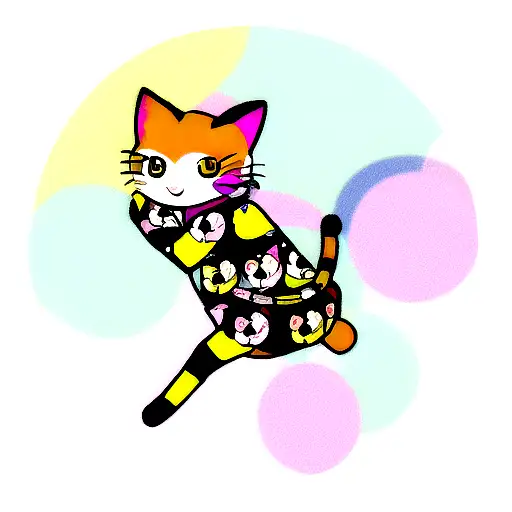 A whimsical cat dressed in colorful Harajuku fashion, surrounded by playful game elements tattoo design idea